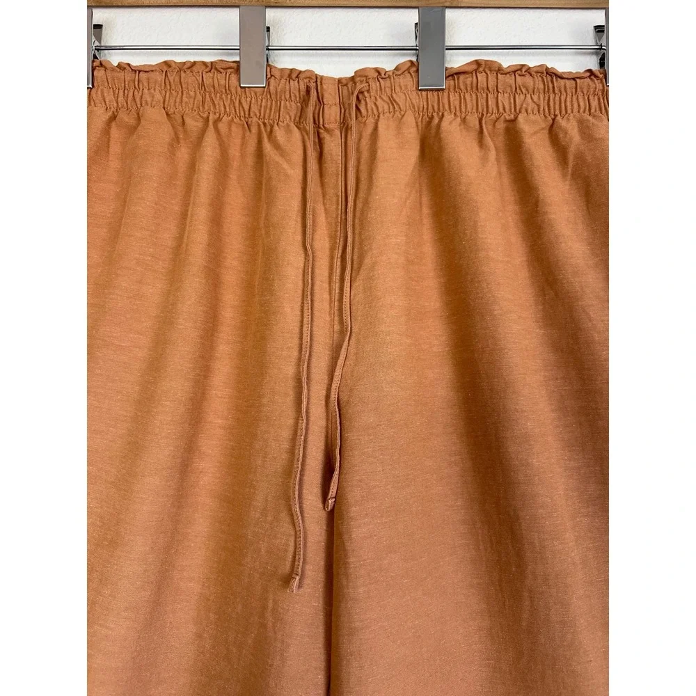 H&M Linen Blend Wide Leg Crop Pants XL Rust Brown Pull On Elastic Waist Coastal‎